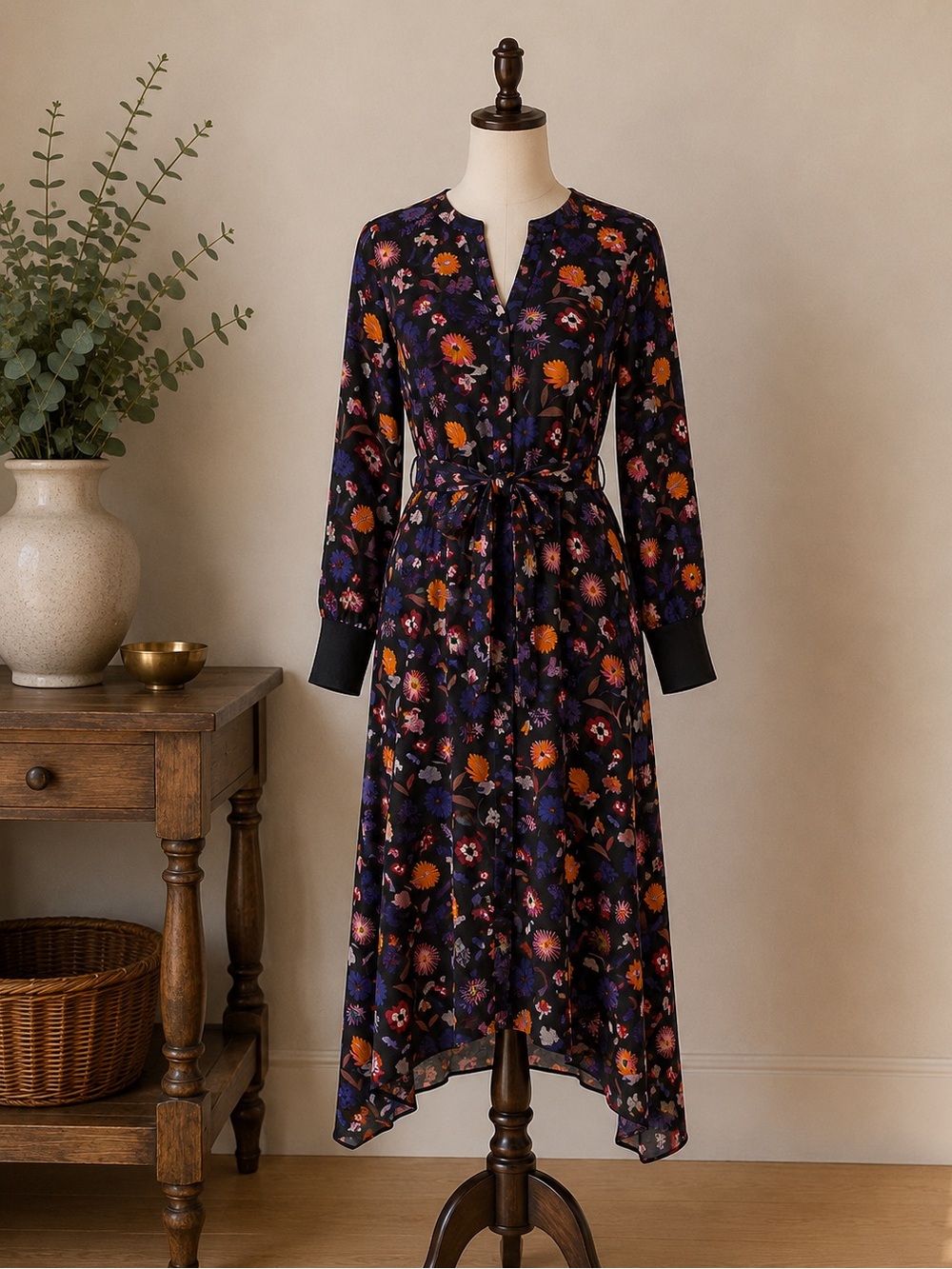 ba&sh Malny Floral Midi Dress Black V-Neck Belted Long Sleeve Parisian Chic 2